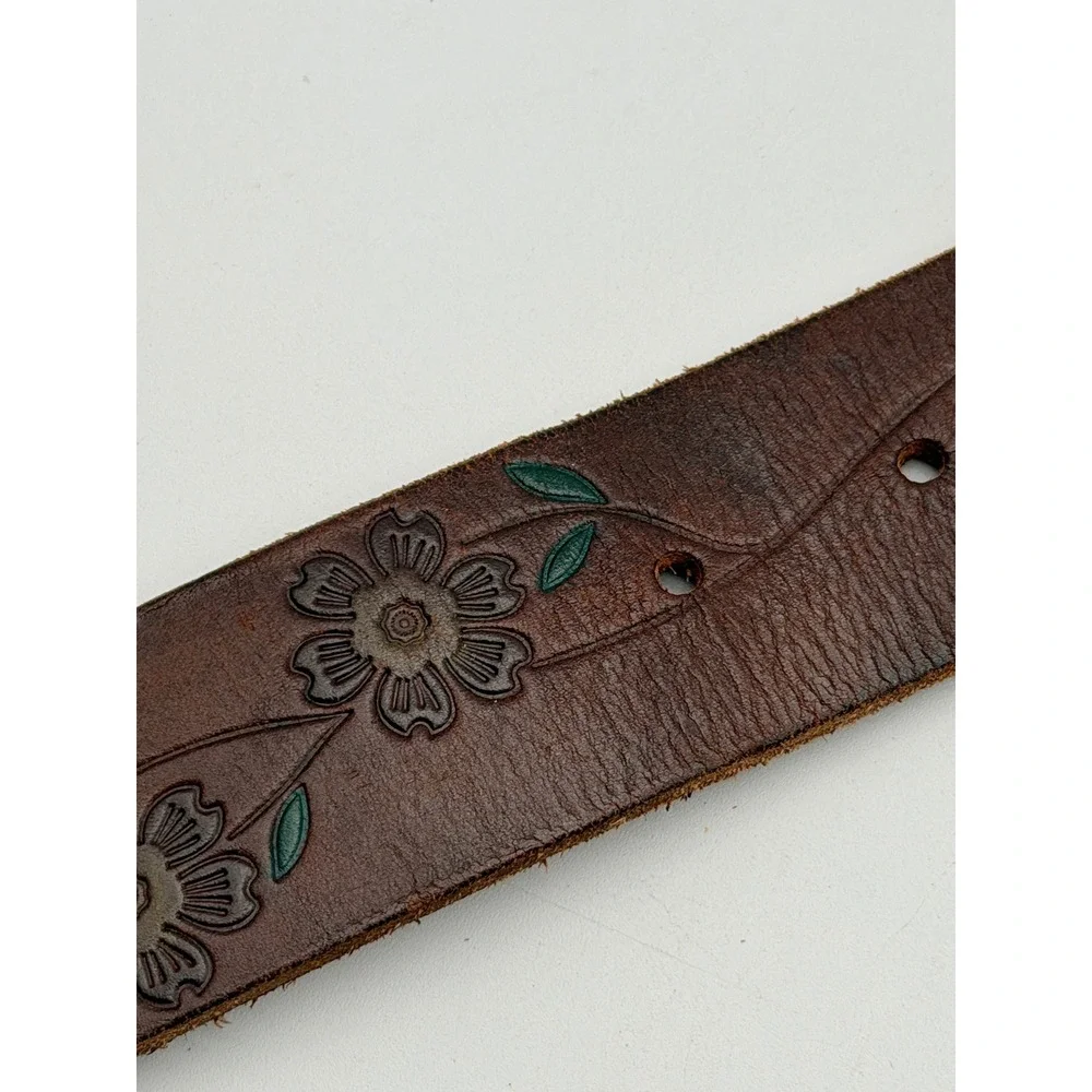 Brown Leather Floral Embossed Belt Silver Tone Buckle Western Boho Hand Painted